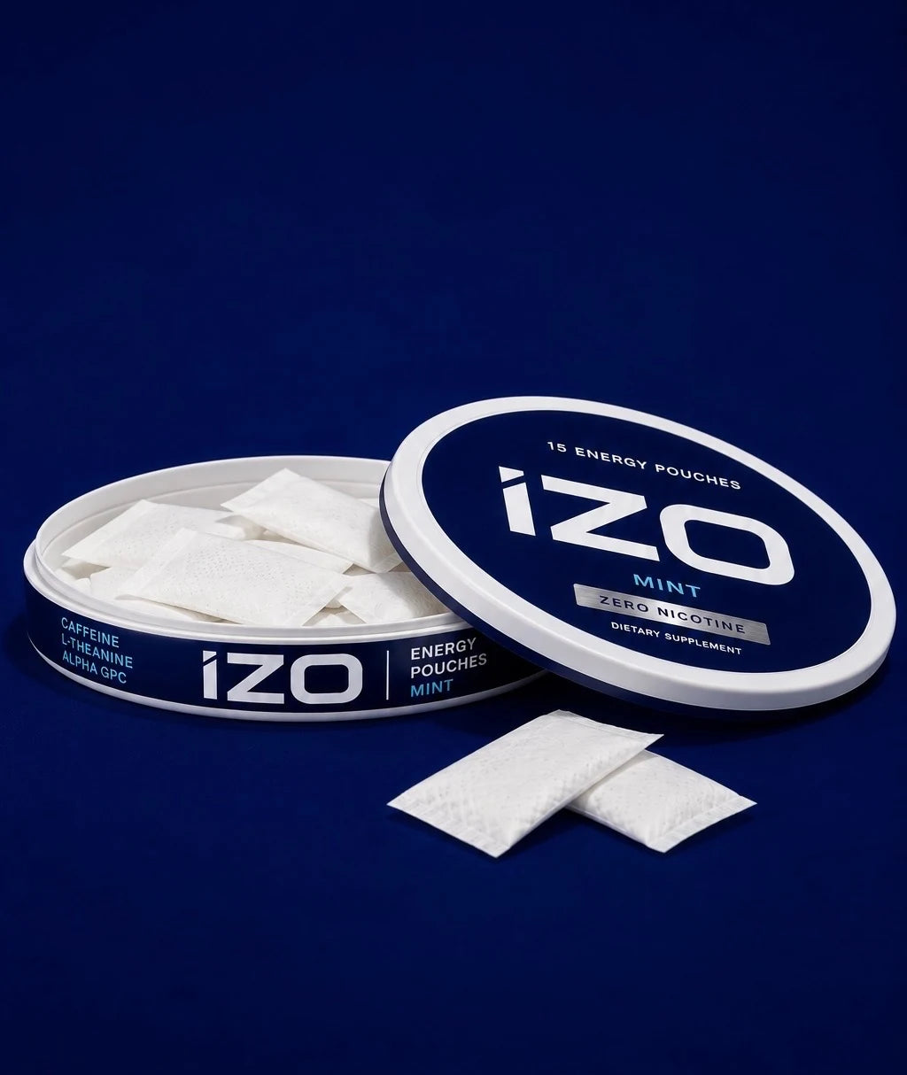 IZO Mint energy pouches — open can with pouches