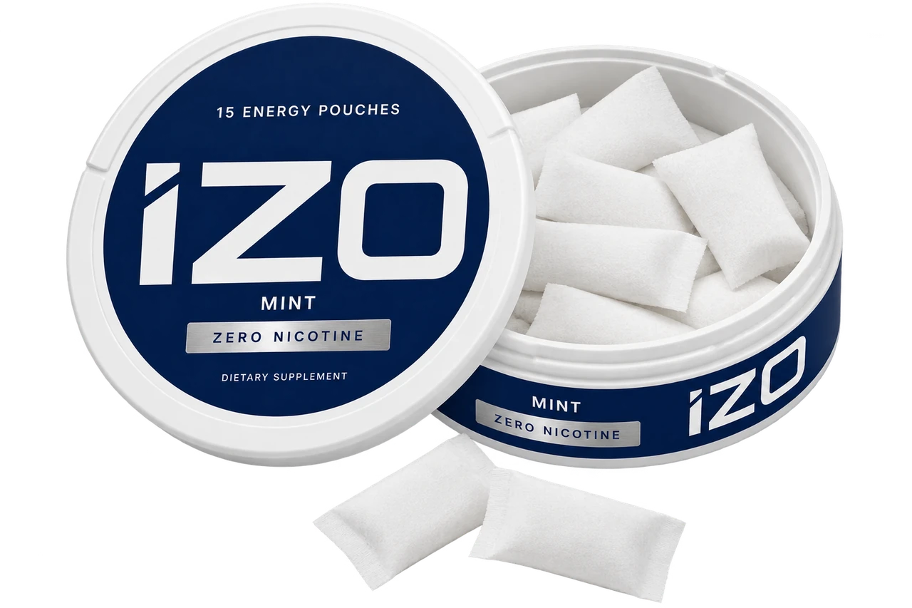Open can of IZO Mint energy pouches