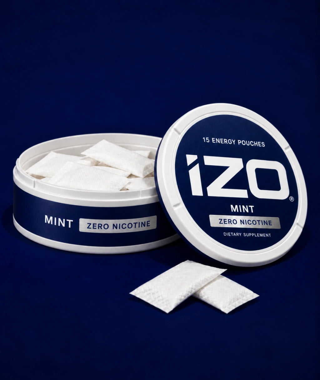 IZO Mint energy pouches — open can with pouches